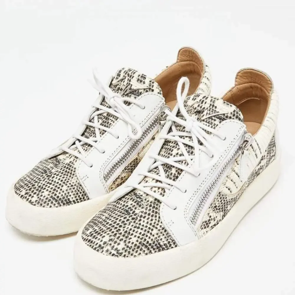 GIUSEPPE ZANOTTI Frankie Sneakers Lizard Emboss Leather White Beige Sz 38/US 7.5